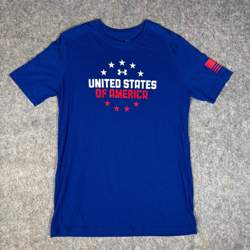 Under Armour T Shirt Mens Medium Blue Excellent USA Graphic HeatGear Loose Fit